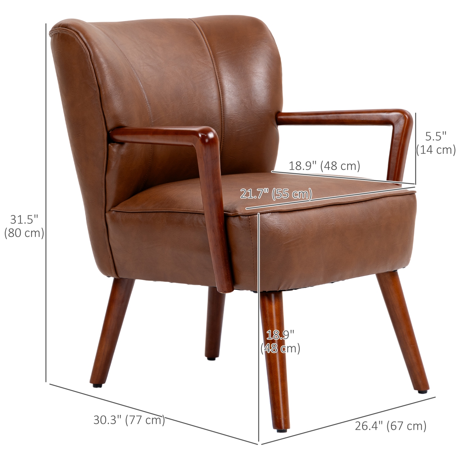 HOMCOM Modern Accent Chair, Upholstered Armchair, Faux Leather Side Chair with Wood Legs and Wide Padded Seat, Brown