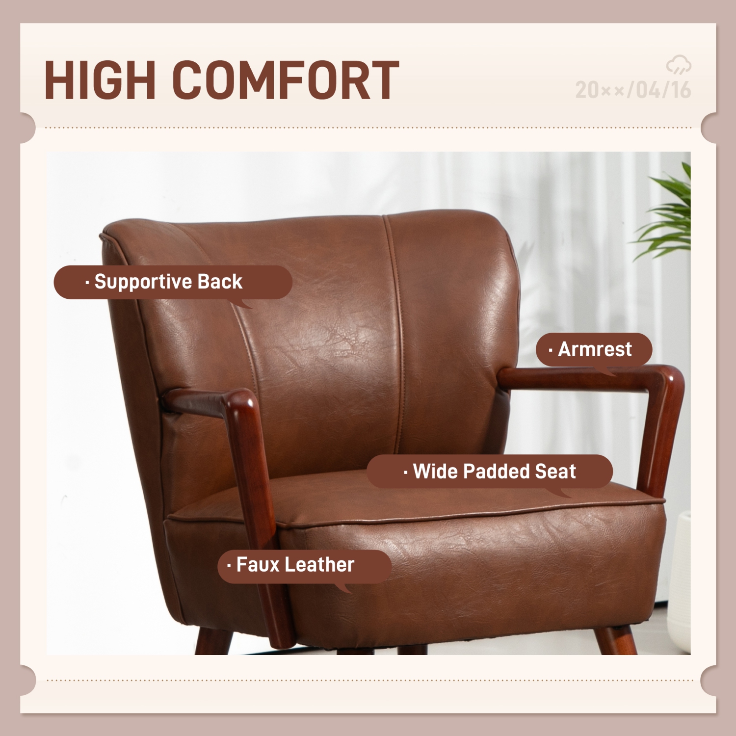 HOMCOM Modern Accent Chair, Upholstered Armchair, Faux Leather Side Chair with Wood Legs and Wide Padded Seat, Brown