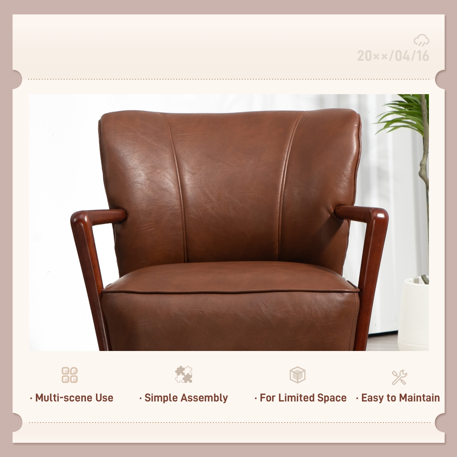 HOMCOM Modern Accent Chair, Upholstered Armchair, Faux Leather Side Chair with Wood Legs and Wide Padded Seat, Brown
