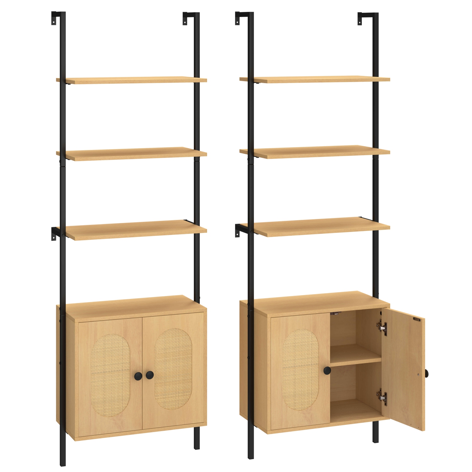 Costway 2 PCS Ladder Bookshelf with Rattan Cabinet 71" Tall Wall Mounted Bookcase Natural