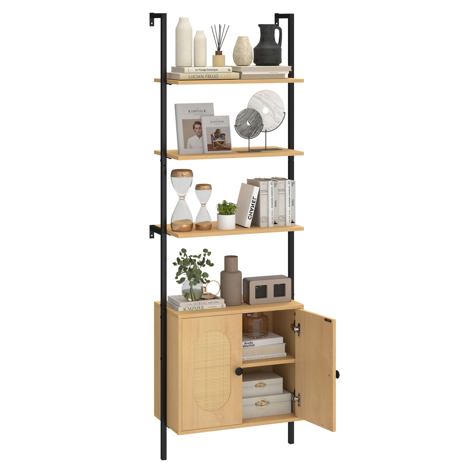 Costway 1 PCS Ladder Bookshelf with Rattan Cabinet 71" Tall Wall Mounted Bookcase Natural