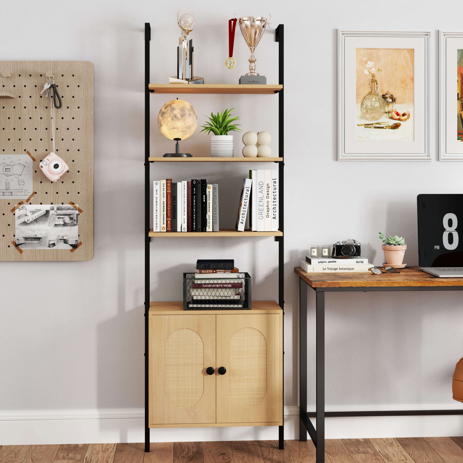 Costway 1 PCS Ladder Bookshelf with Rattan Cabinet 71" Tall Wall Mounted Bookcase Natural