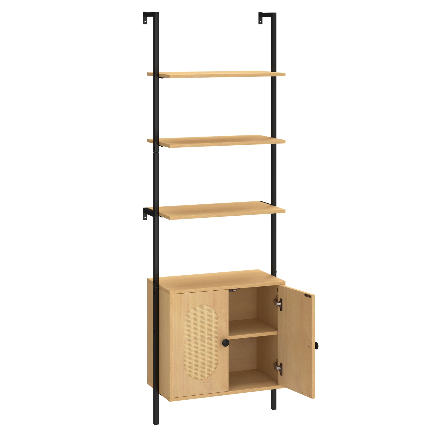 Costway 1 PCS Ladder Bookshelf with Rattan Cabinet 71" Tall Wall Mounted Bookcase Natural