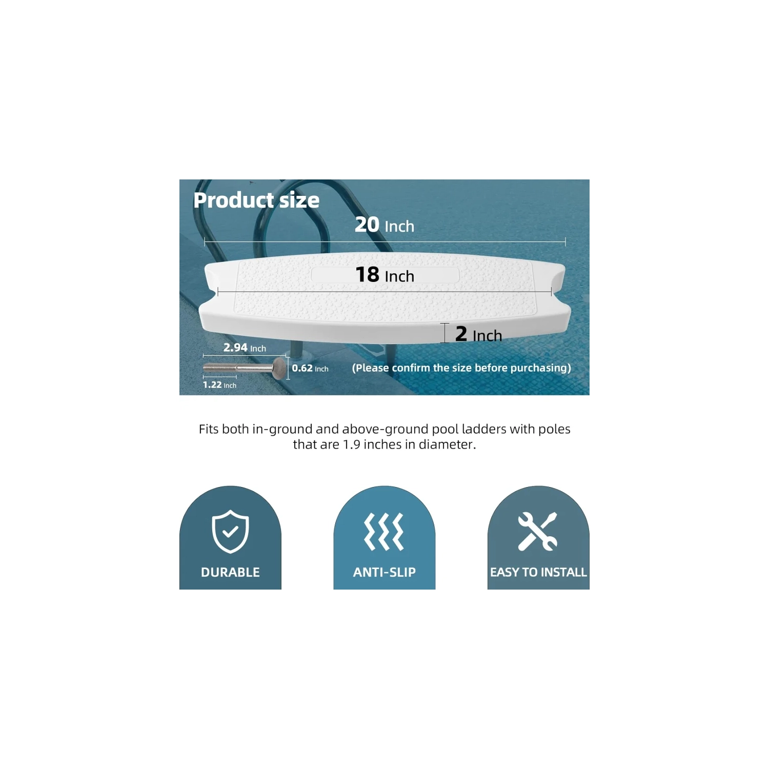 3-Pack White 18" Universal Pool Ladder Steps Replacement - Heavy-Duty Molded Plastic Swimming Pool Ladder Rung Step with Stainless Steel Bolts for