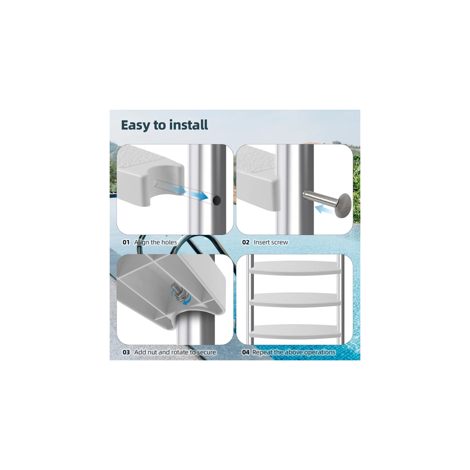 3-Pack White 18" Universal Pool Ladder Steps Replacement - Heavy-Duty Molded Plastic Swimming Pool Ladder Rung Step with Stainless Steel Bolts for