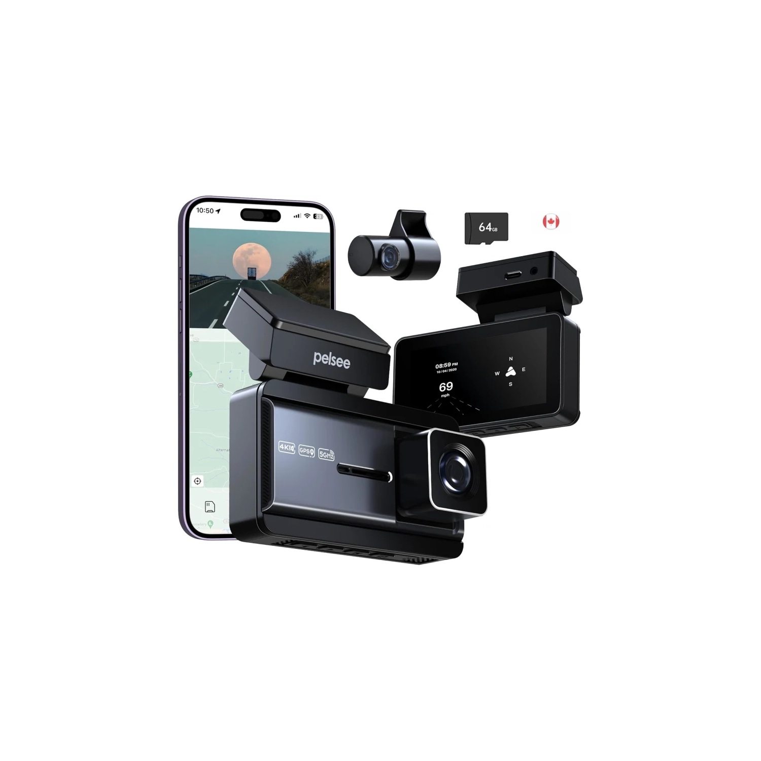 4K Dash Cam Front and Rear, Free 64GB SD Card, Pelsee 4K+1080P Dual Dash Camera for Cars with Wi-Fi, GPS, ADAS, BSD, 3" IPS Display, APP & Voice