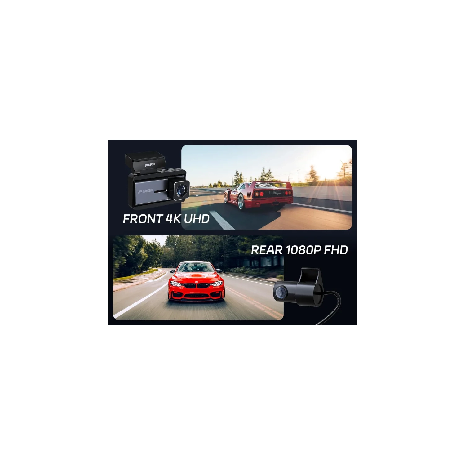4K Dash Cam Front and Rear, Free 64GB SD Card, Pelsee 4K+1080P Dual Dash Camera for Cars with Wi-Fi, GPS, ADAS, BSD, 3" IPS Display, APP & Voice