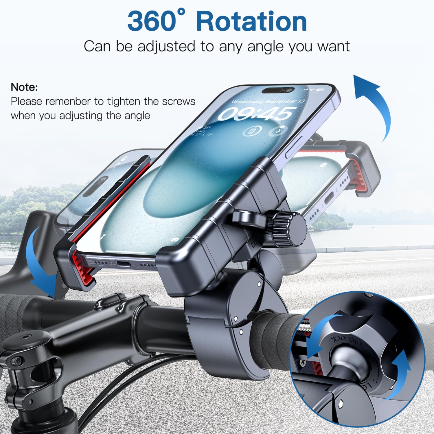 Bike Phone Mount Holder - Motorcycle Phone Holder Handlebar Clamp for Stroller Scooter Bicycle, 360°Rotate Phone Mount for iPhone & Other 4.5-7