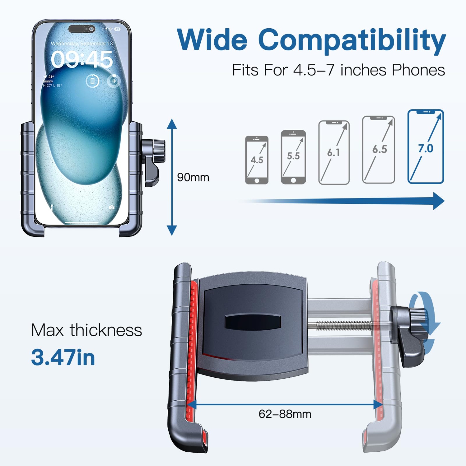 Bike Phone Mount Holder - Motorcycle Phone Holder Handlebar Clamp for Stroller Scooter Bicycle, 360°Rotate Phone Mount for iPhone & Other 4.5-7