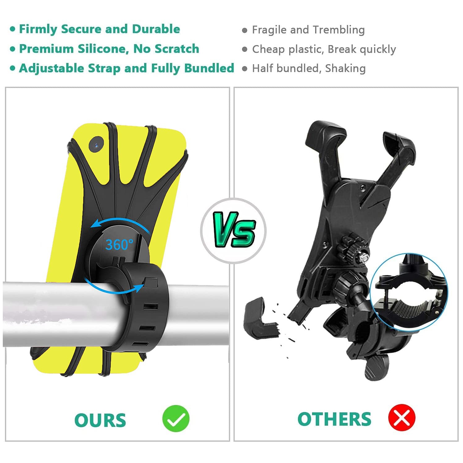 Support de téléphone de vélo, support de téléphone de vélo en silicone, réglable à 360°, identification du visage et du toucher, support universel