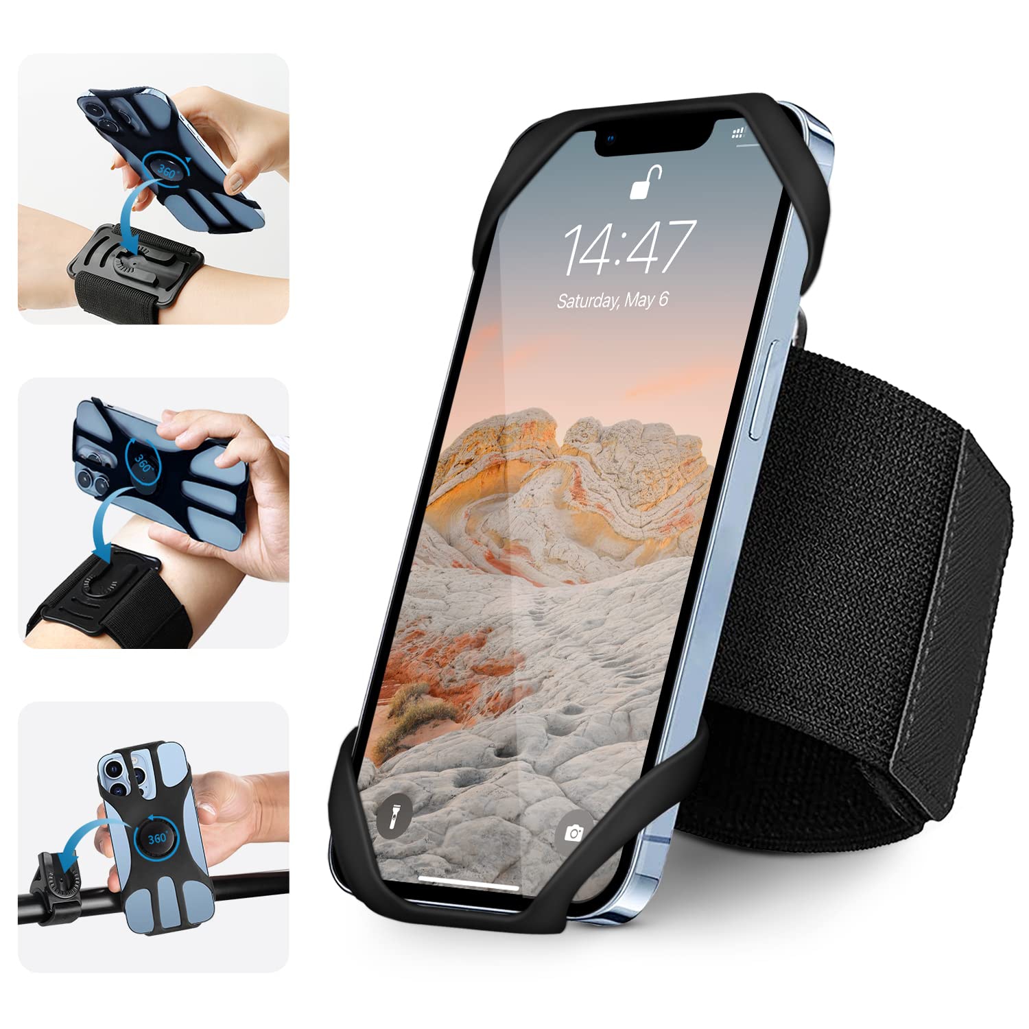 Support de téléphone pour vélo 3-en-1, support de téléphone pour poignet/brassards pour téléphone cellulaire, pivotant à 360° et amovible pour