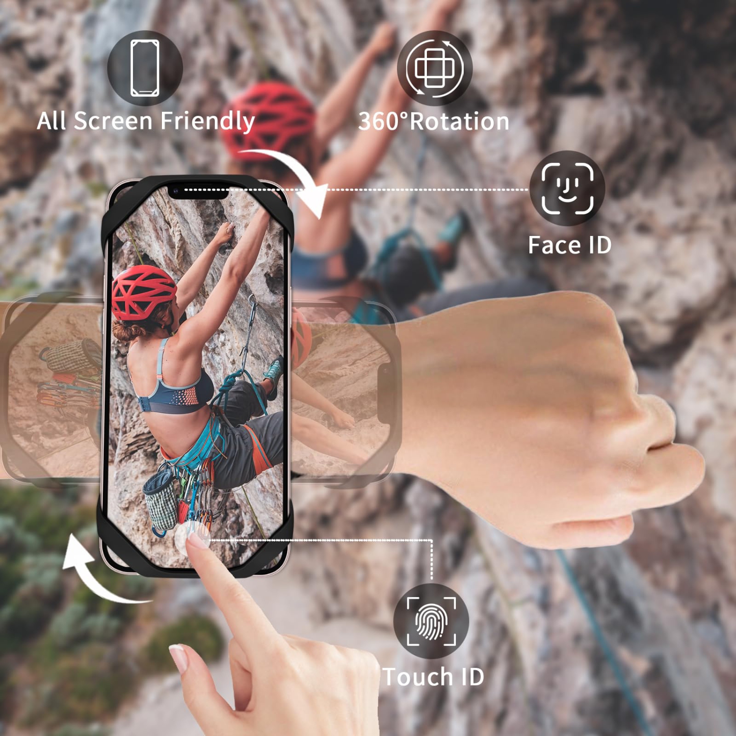Support de téléphone pour vélo 3-en-1, support de téléphone pour poignet/brassards pour téléphone cellulaire, pivotant à 360° et amovible pour