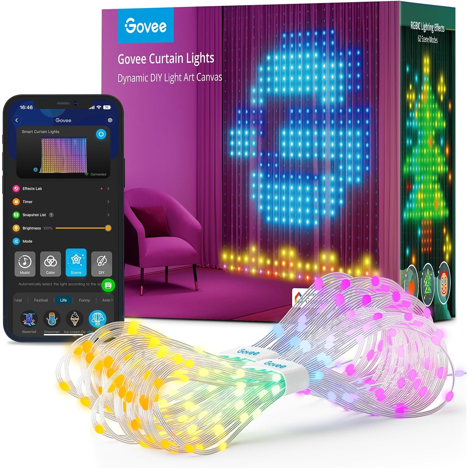 Refurbished(Excellent) - Govee Curtain Lights, Smart WiFi Curtain Light, 520 RGBIC LEDs String Lights, Dynamic DIY Lights