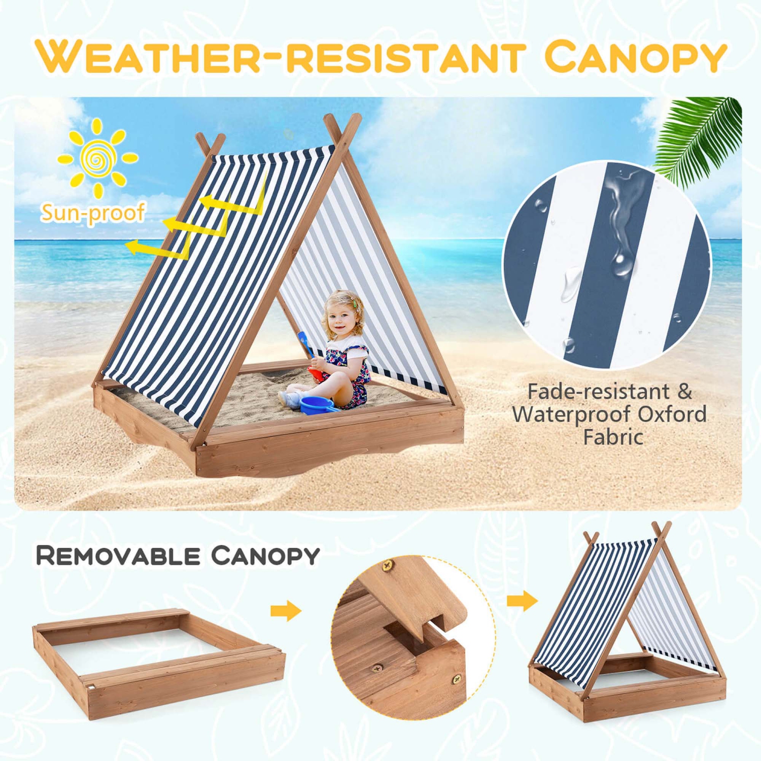 Bac à sable en bois avec tente à auvent de Costway cadre en bois de sapin 2 sièges Bas
