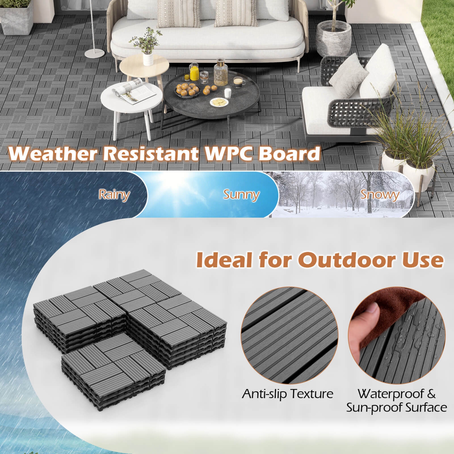 Costway 36 PCS Interlocking Deck Tiles 12" x 12" Waterproof All Weather Flooring Covering Grey