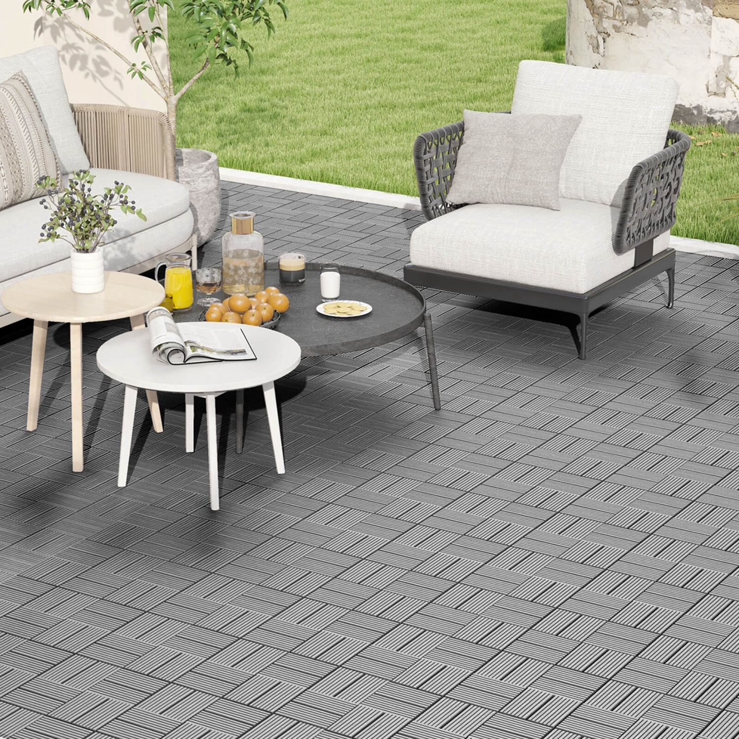 Costway 18 PCS tuiles de terrasse interverrouillables 12 x 12" étanche revêtement de sol toutes saisons, gris
