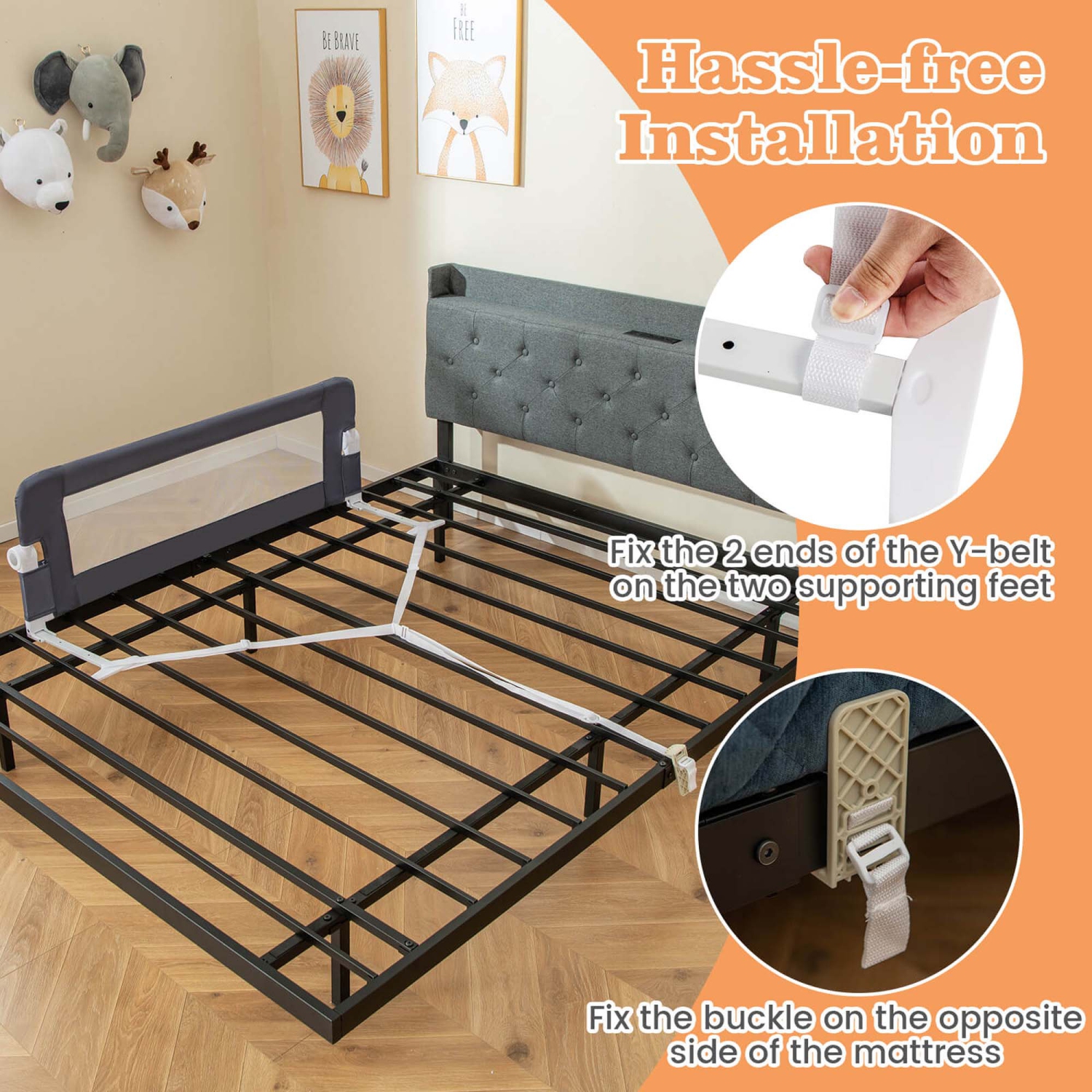 Costway 2 PCS 42" Toddler Foldable Bed Rail with Adjustable Safety Strap, Bedrail Guard Grey