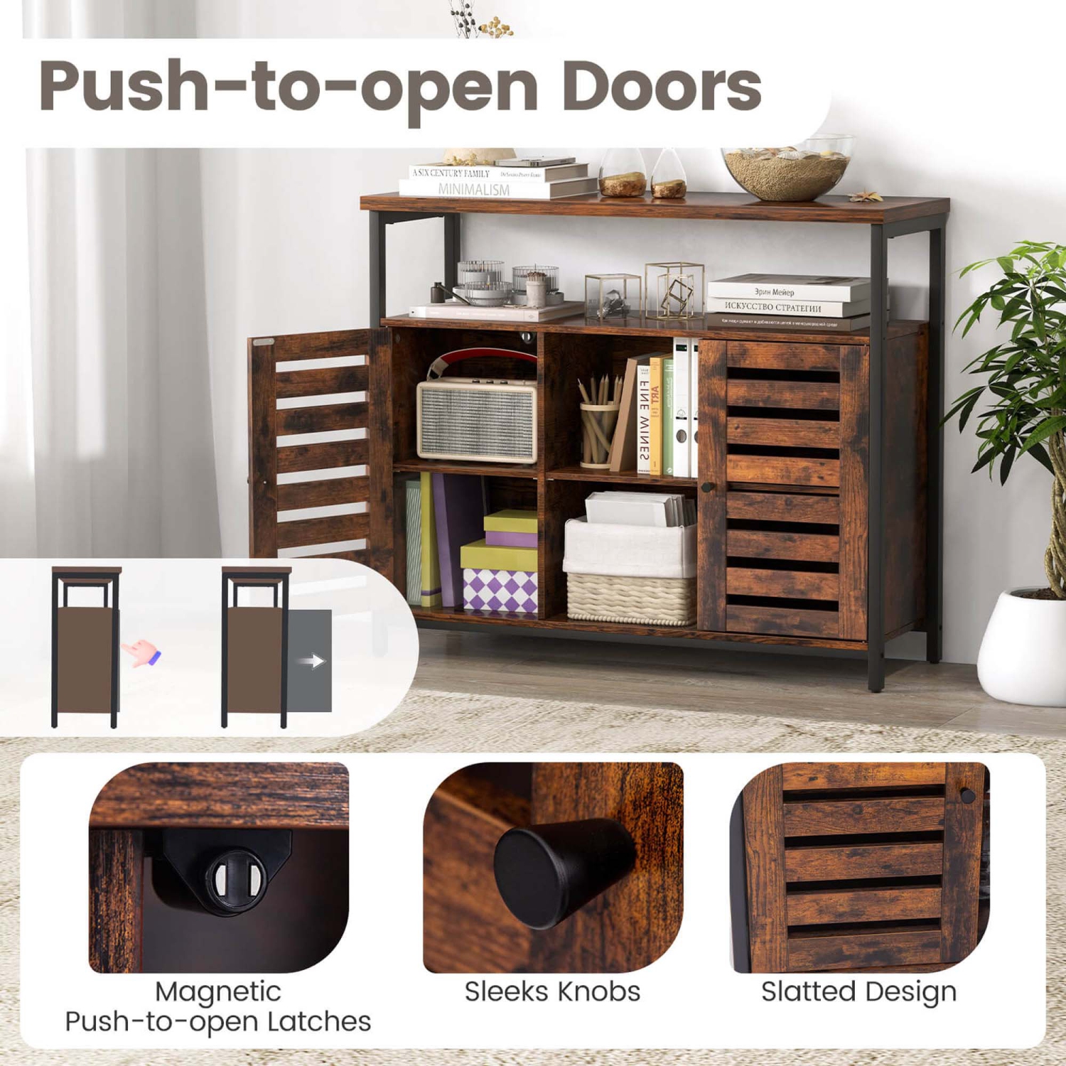 Costway Buffet Cabinet Industrial Sideboard Storage Cabinet with Push-to-Open Slatted Door