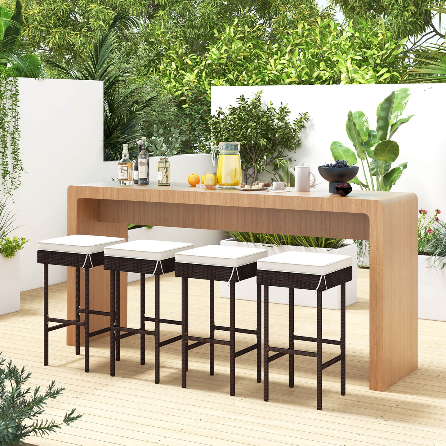 Costway Patio Rattan Barstools Set of 4 Outdoor Wicker Bar Height Chairs with Footrest