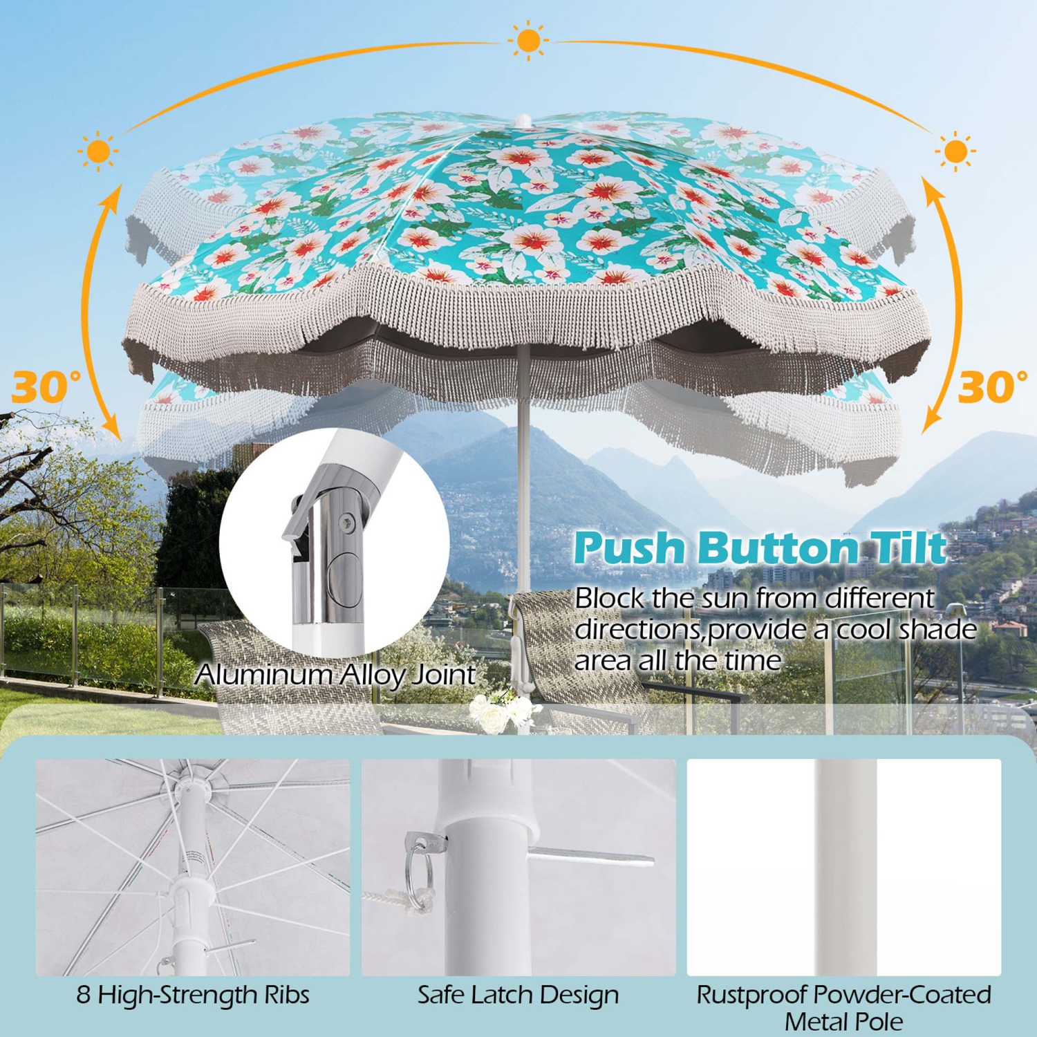 Parasol de patio à franges de 6,5 pi avec sac de transport et bouton-poussoir d'inclinaison pour jardin de Goplus