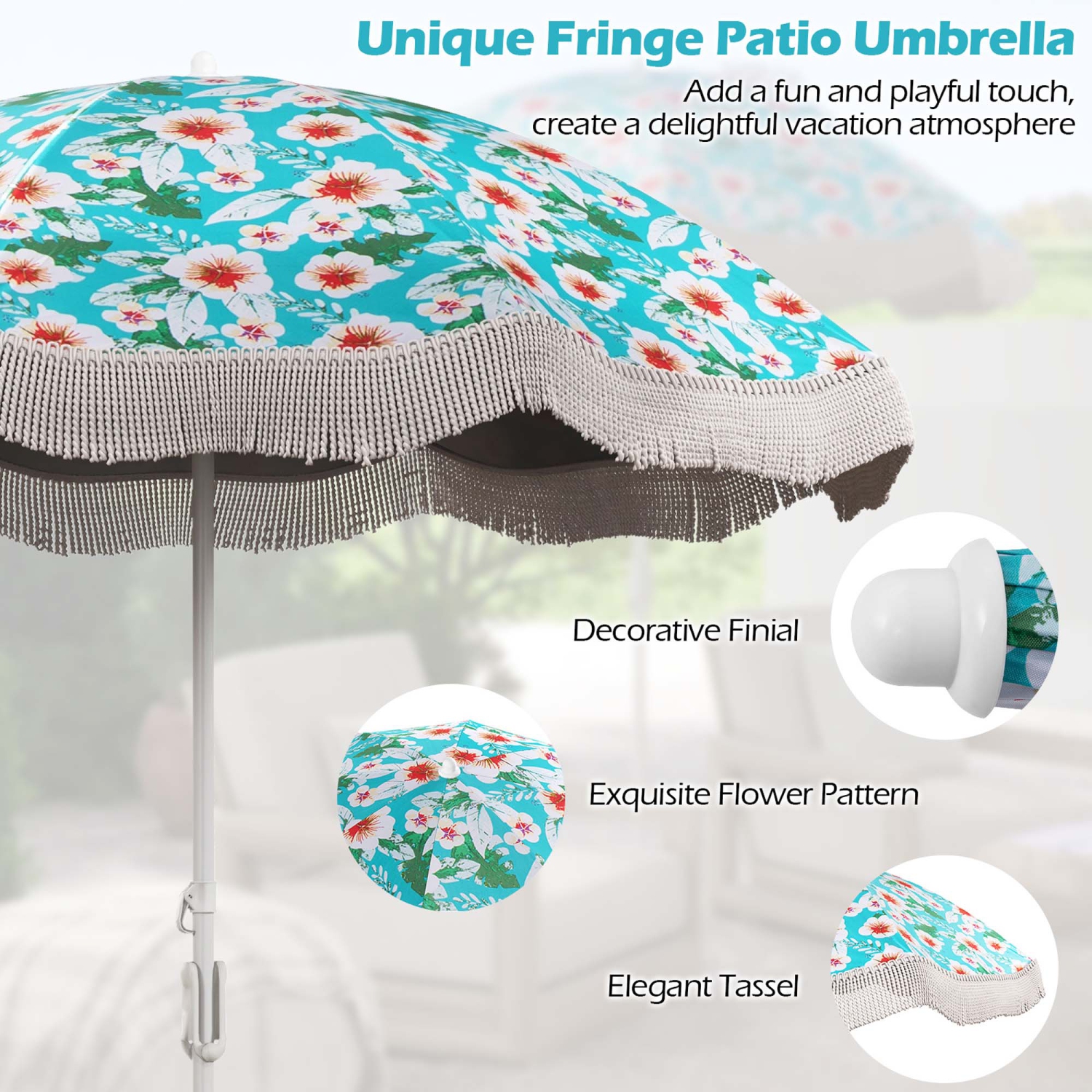 Parasol de patio à franges de 6,5 pi avec sac de transport et bouton-poussoir d'inclinaison pour jardin de Goplus