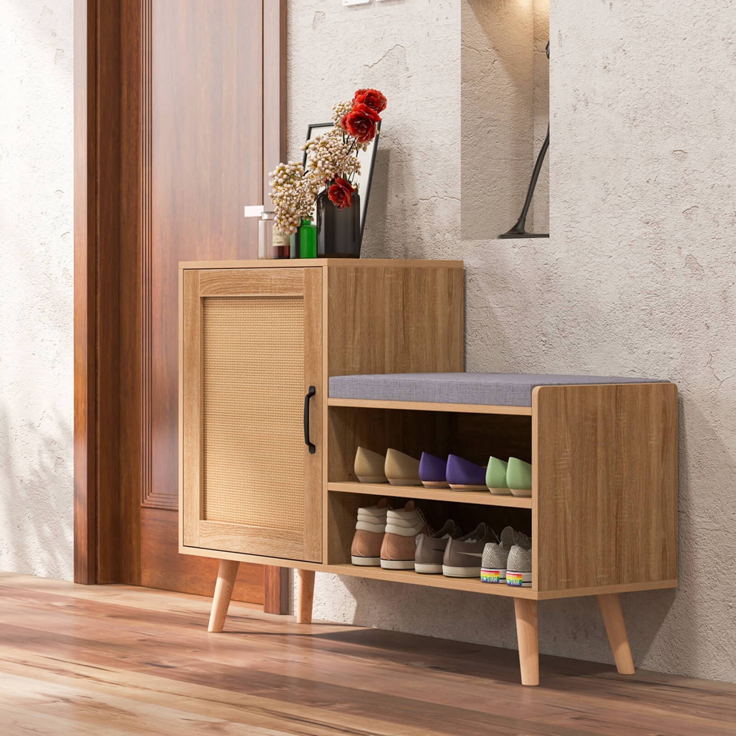Costway 2-in-1 Rattan Shoe Cabinet with Bench 3 Adjustable Shelves & Solid Pine Wood Legs