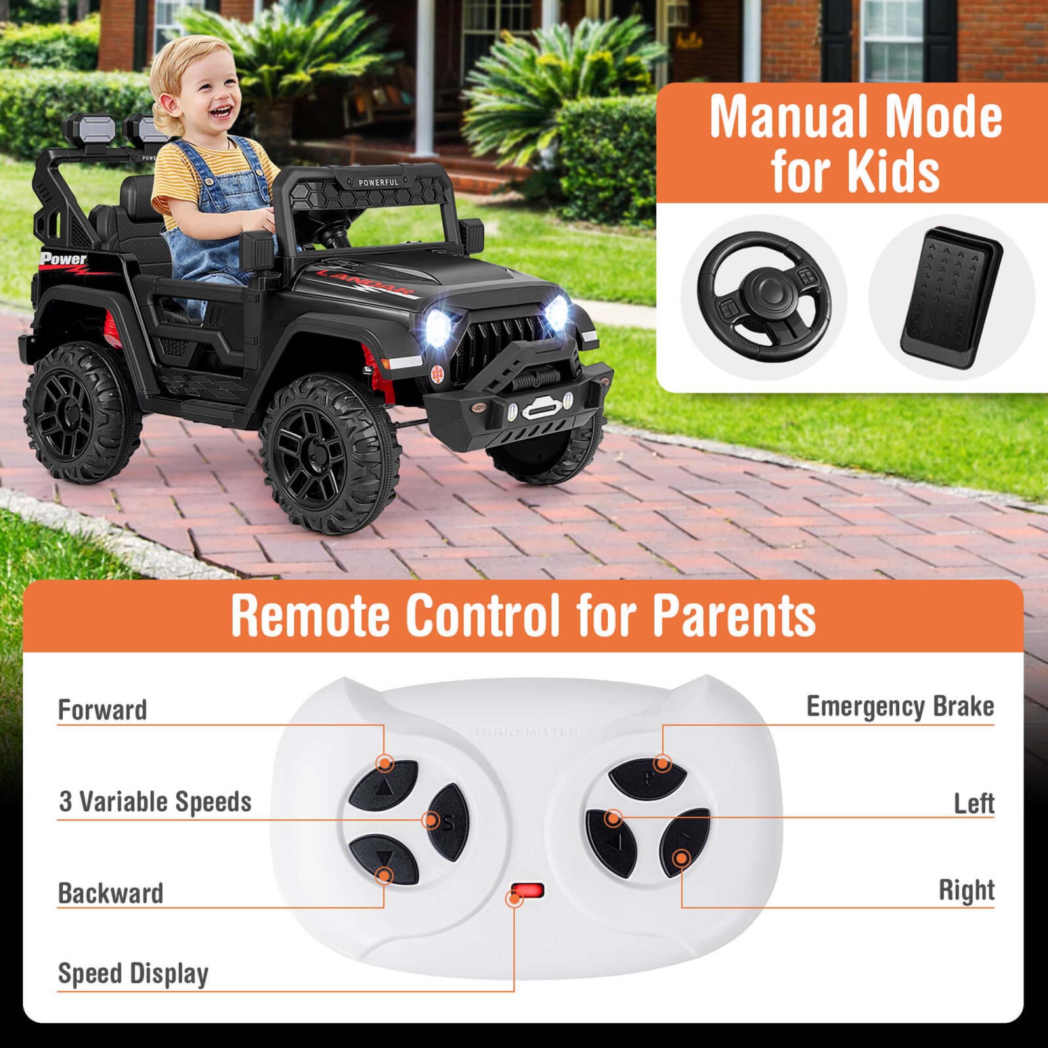 Costway 12V Kids Ride On Truck with 2*12V Motors Spring Suspension & Remote Control
