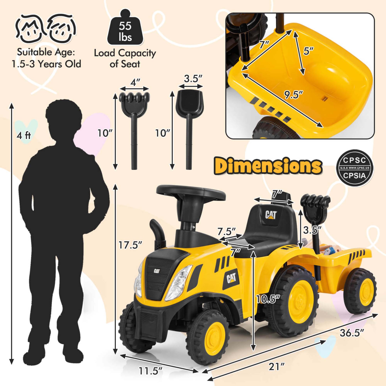 Costway Kids Ride on Tractor Licensed Caterpillar Foot to Floor Sliding Car with Shovel