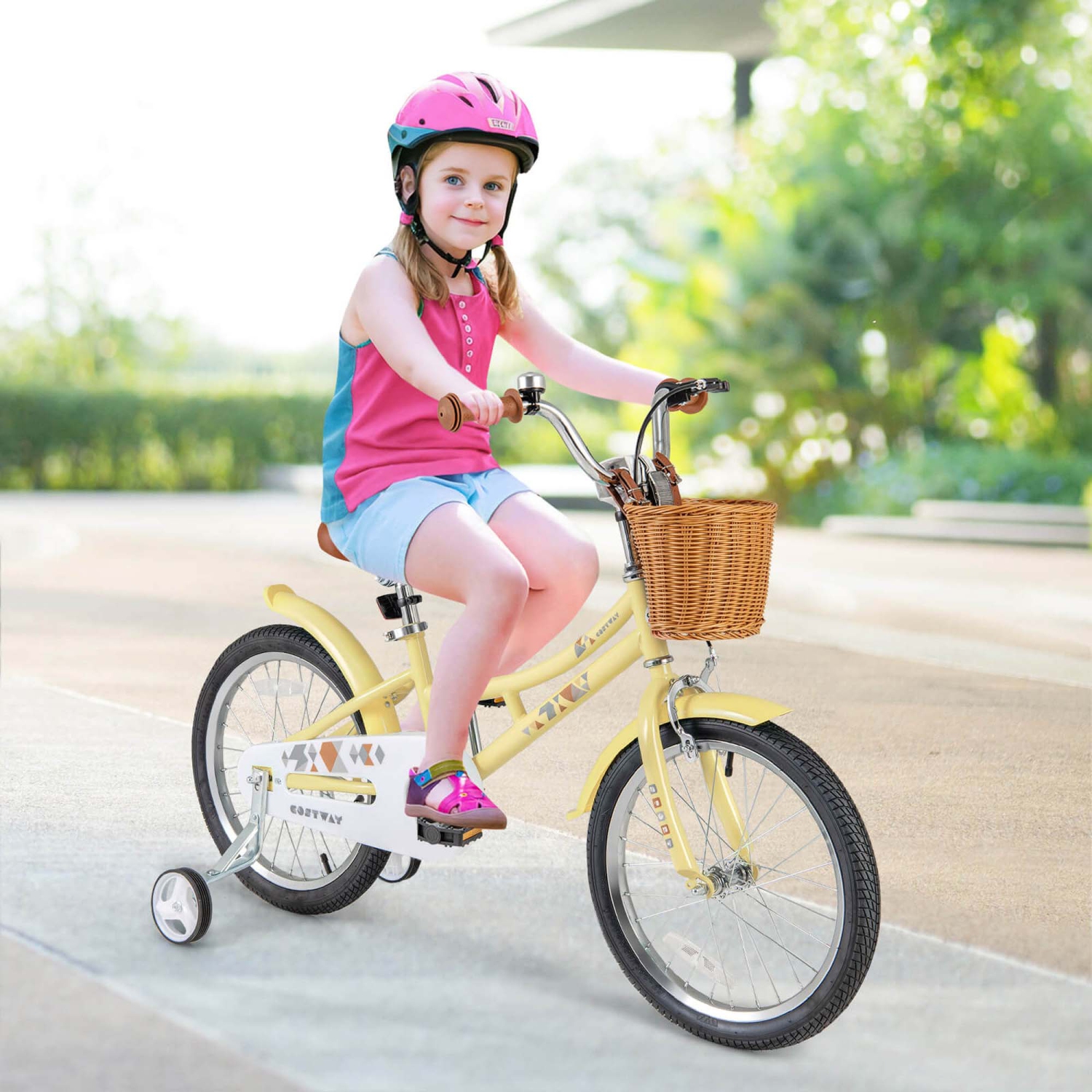 Costway 18" Kids Bike with Height Adjustable Handlebar Seat Basket Bell Training Wheels