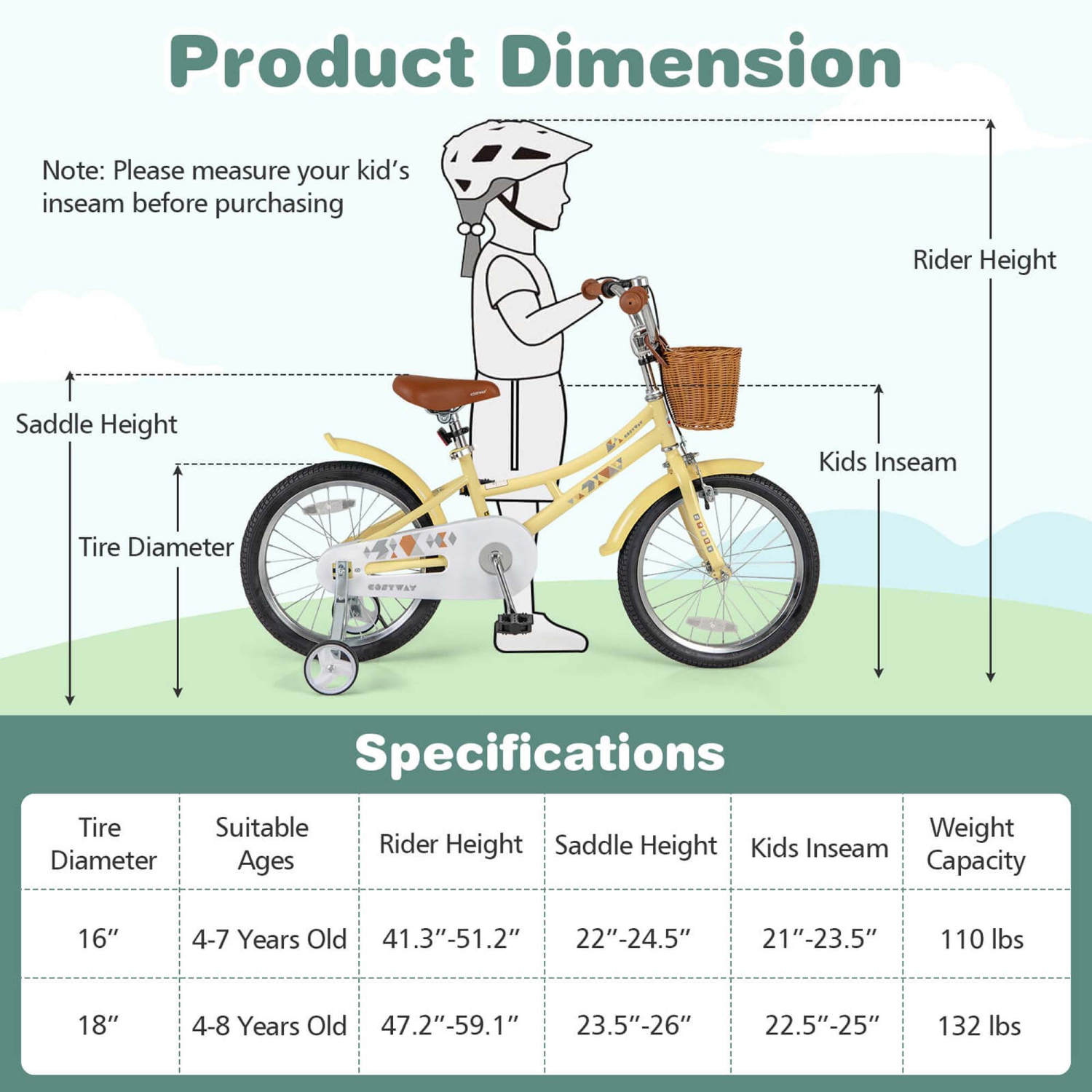 Costway 18" Kids Bike with Height Adjustable Handlebar Seat Basket Bell Training Wheels