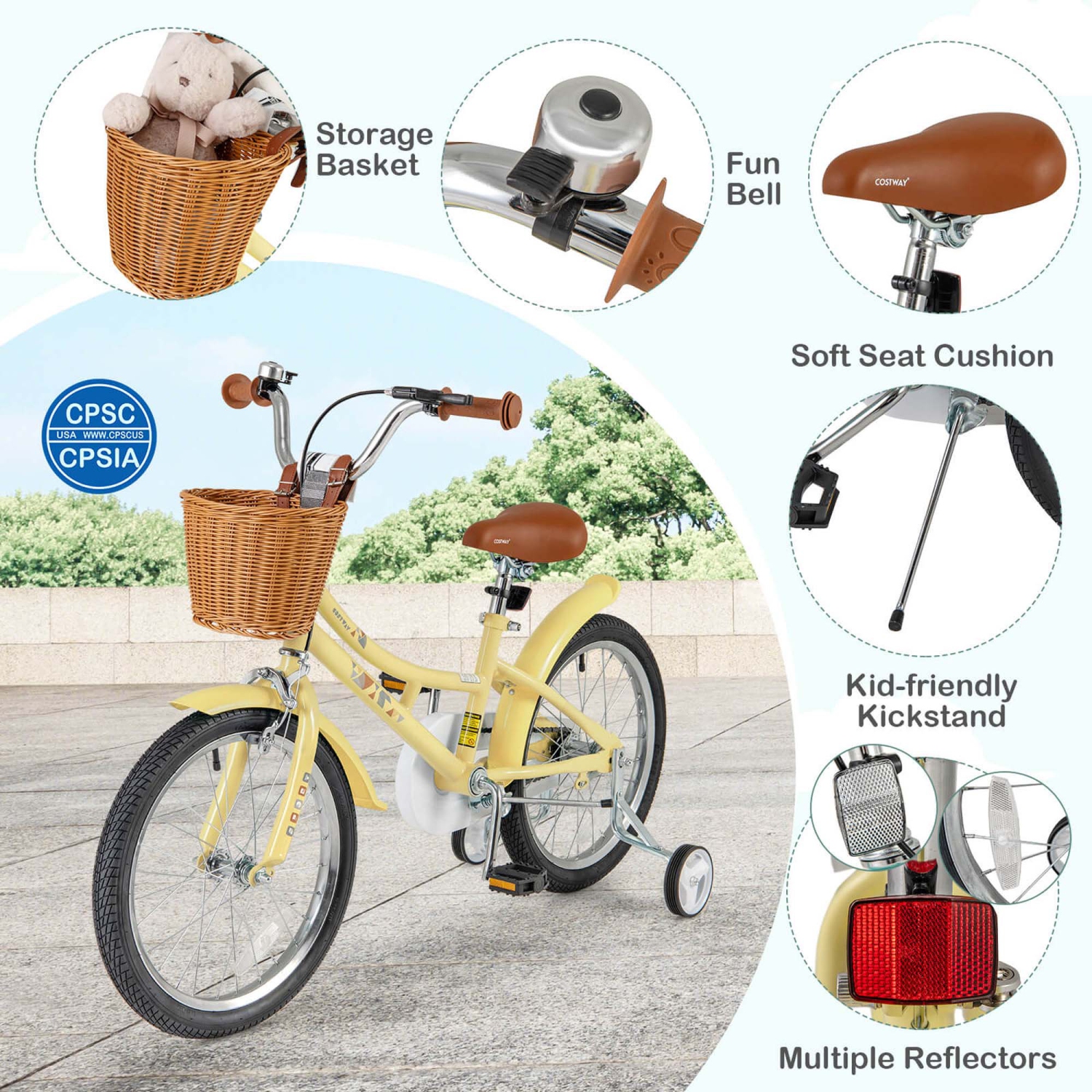 Costway 18" Kids Bike with Height Adjustable Handlebar Seat Basket Bell Training Wheels