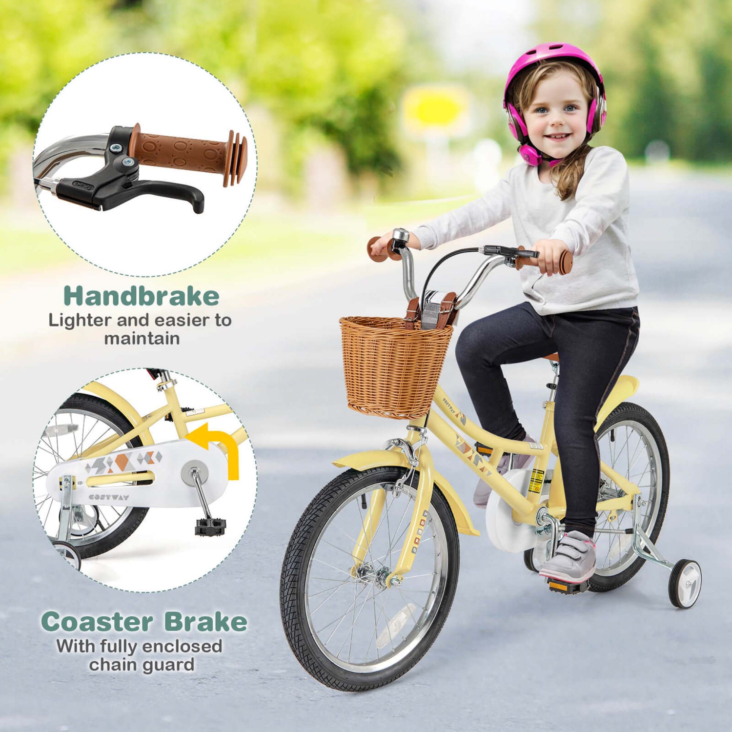 Costway 18" Kids Bike with Height Adjustable Handlebar Seat Basket Bell Training Wheels