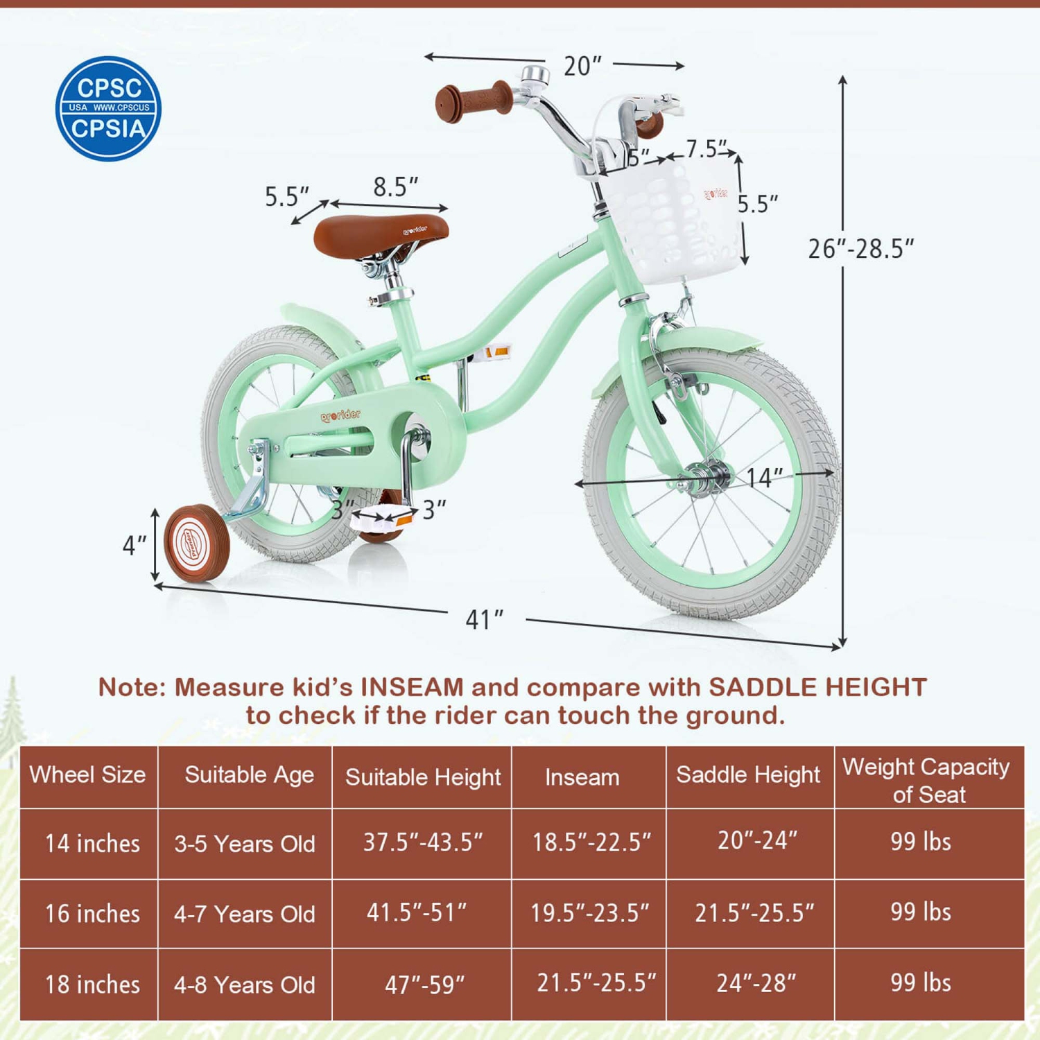 Costway 14" Kid's Bike with Removable Training Wheels & Basket for 3-5 Years Old