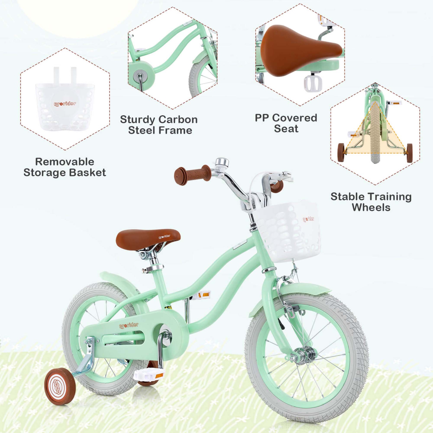 Costway 14" Kid's Bike with Removable Training Wheels & Basket for 3-5 Years Old