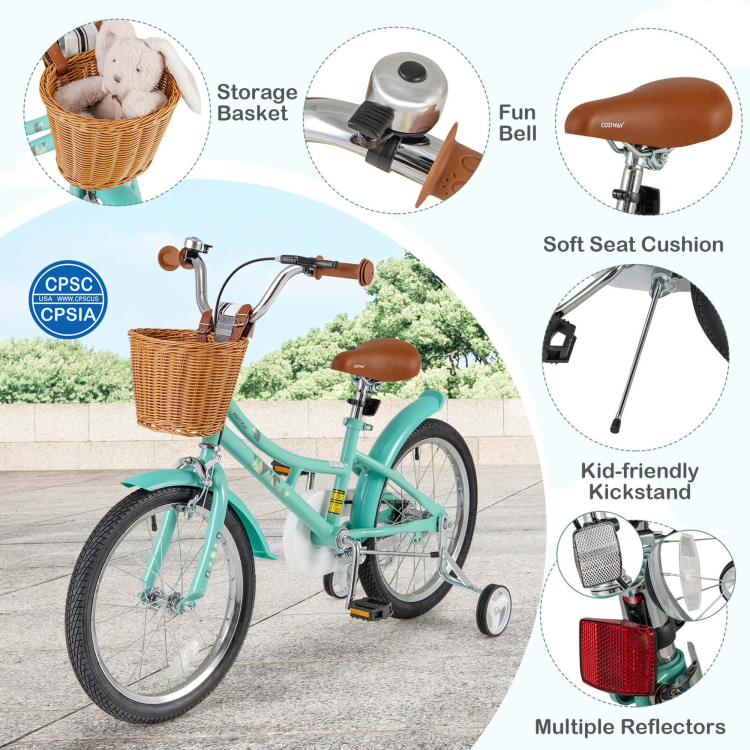 Costway 18" Kids Bike with Height Adjustable Handlebar Seat Basket Bell Training Wheels