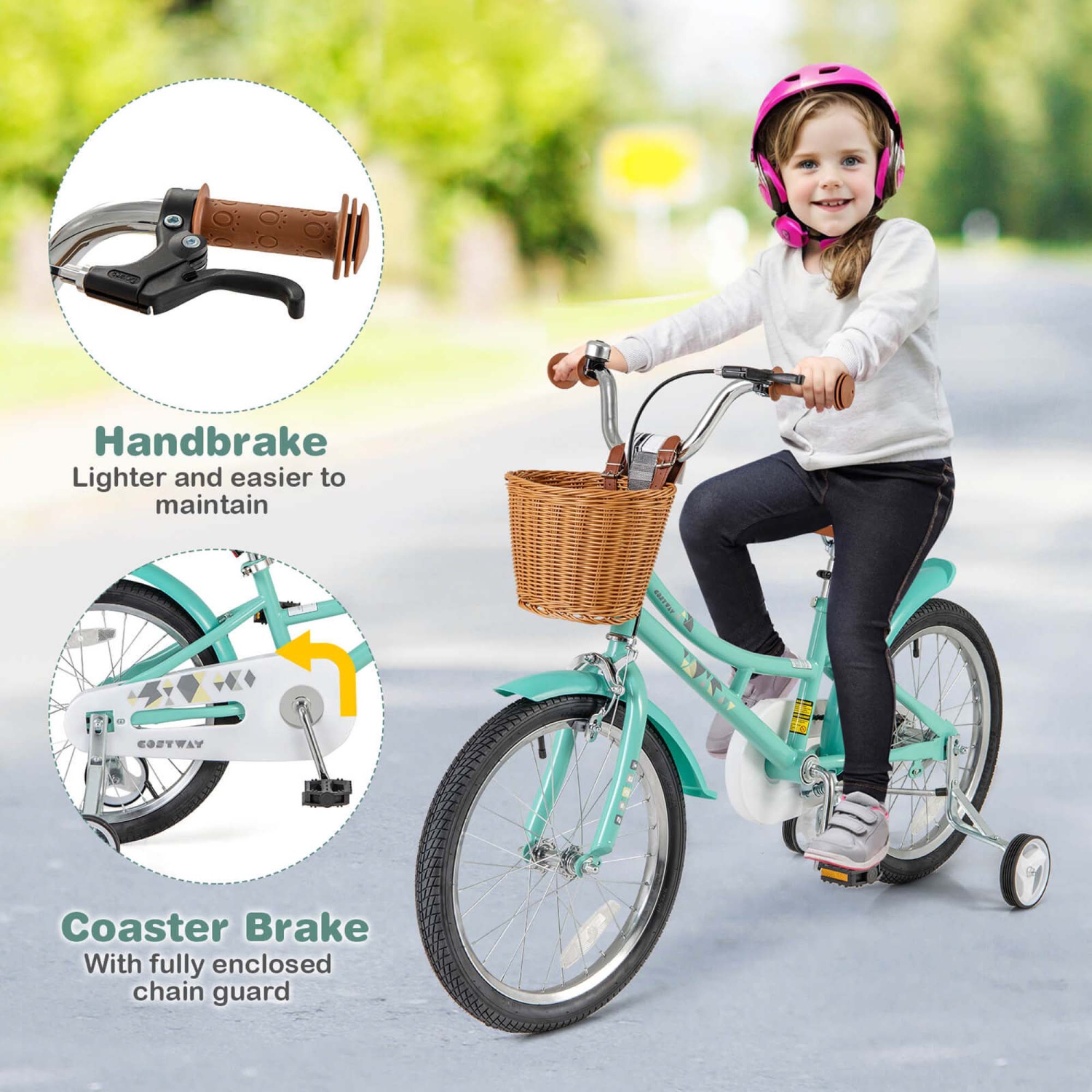 Costway 18" Kids Bike with Height Adjustable Handlebar Seat Basket Bell Training Wheels