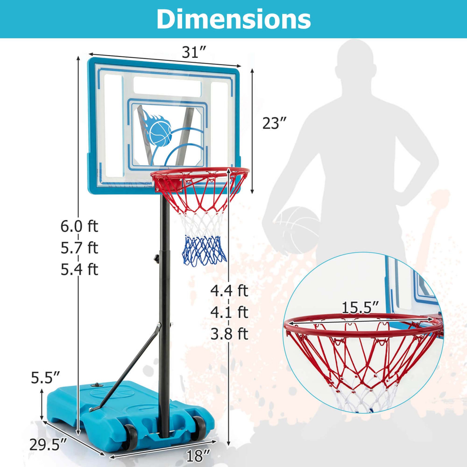 Costway Pool Basketball Hoop 3.8-4.4 FT Adjustable Poolside BasketballGoal System