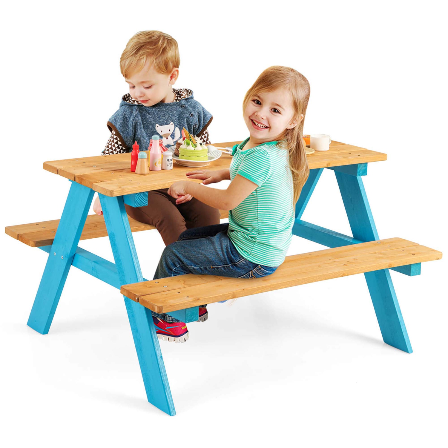 Ensemble de tables de pique-nique pour enfants avec table d'extérieur en bois et bancs de Costway pour l'extérieur