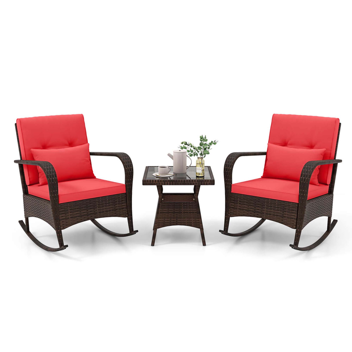 Costway 3 PCS Rocking Bistro Set with Removable Cushions & Tempered Glass Top Coffee Table