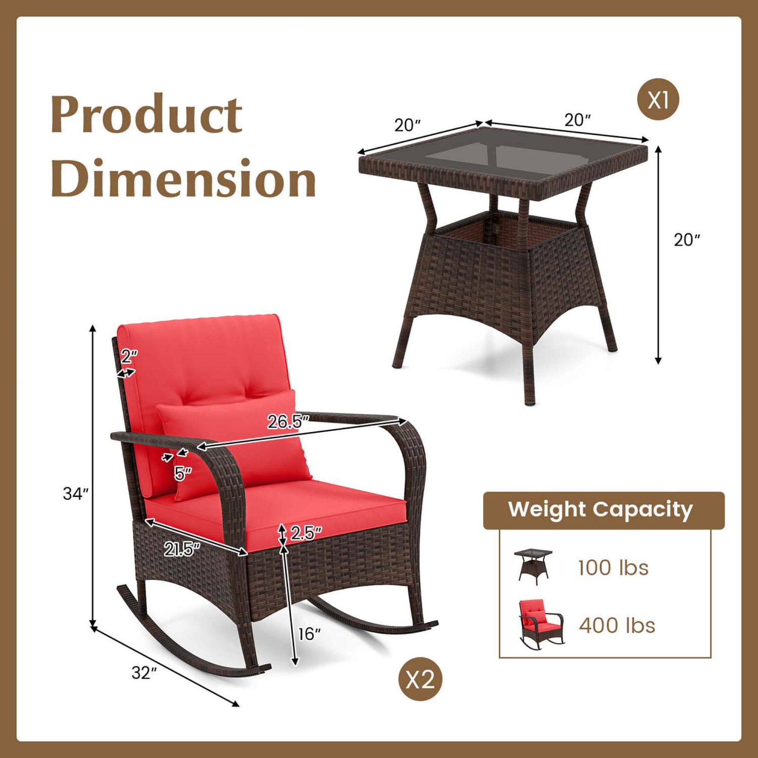 Costway 3 PCS Rocking Bistro Set with Removable Cushions & Tempered Glass Top Coffee Table