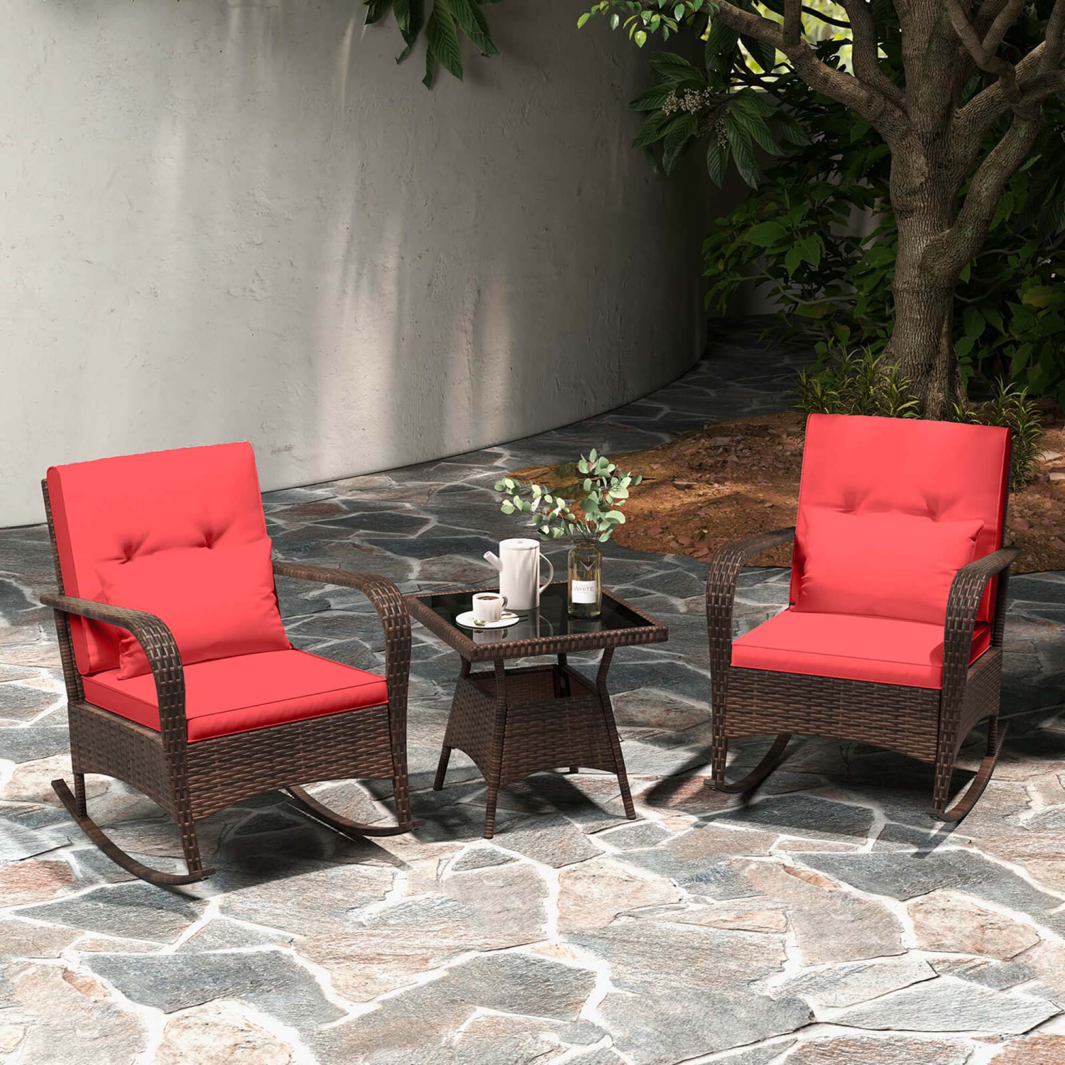 Costway 3 PCS Rocking Bistro Set with Removable Cushions & Tempered Glass Top Coffee Table