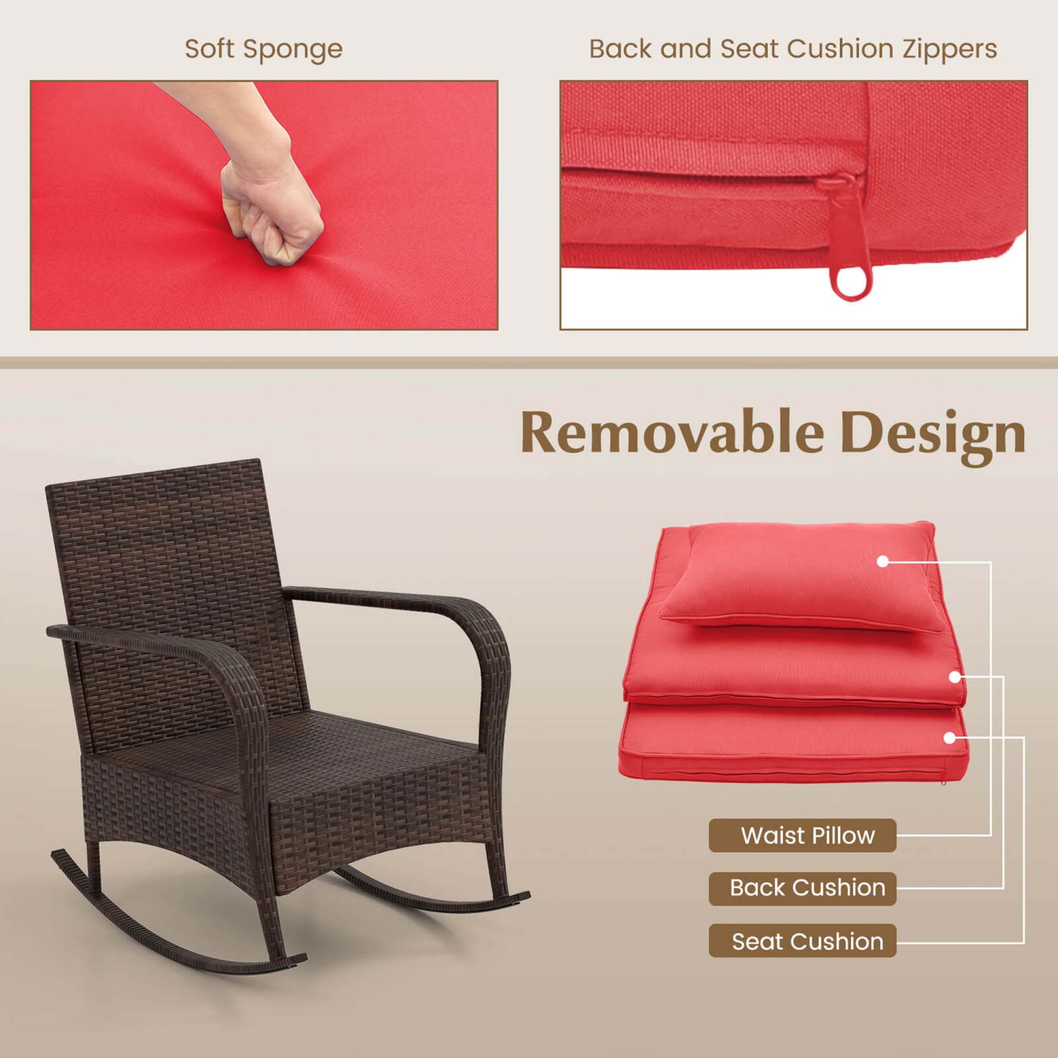 Costway 3 PCS Rocking Bistro Set with Removable Cushions & Tempered Glass Top Coffee Table