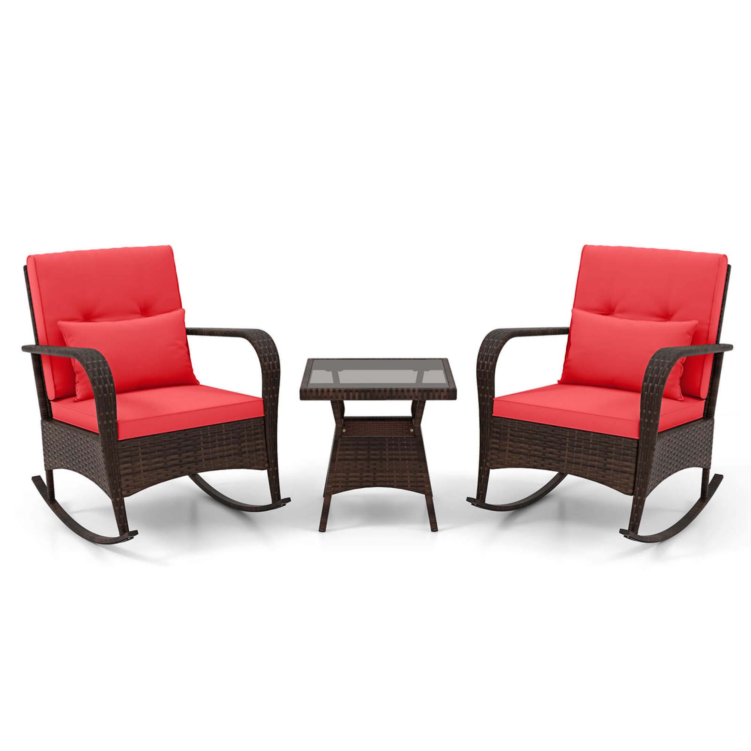 Costway 3 PCS Rocking Bistro Set with Removable Cushions & Tempered Glass Top Coffee Table