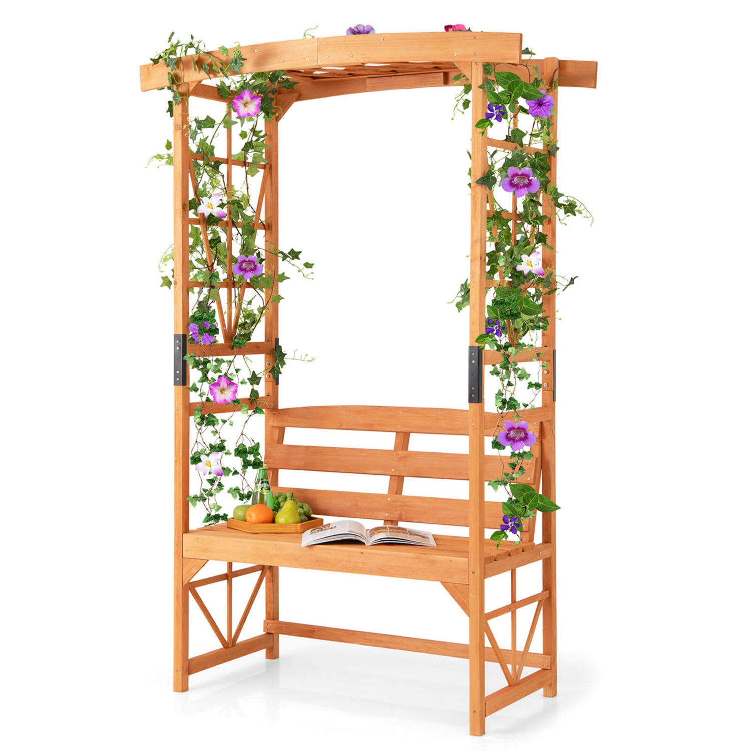 Costway Patio Garden Arbor with Pergola Bench 2 Trellises for Climbing Plants Vines Grapes