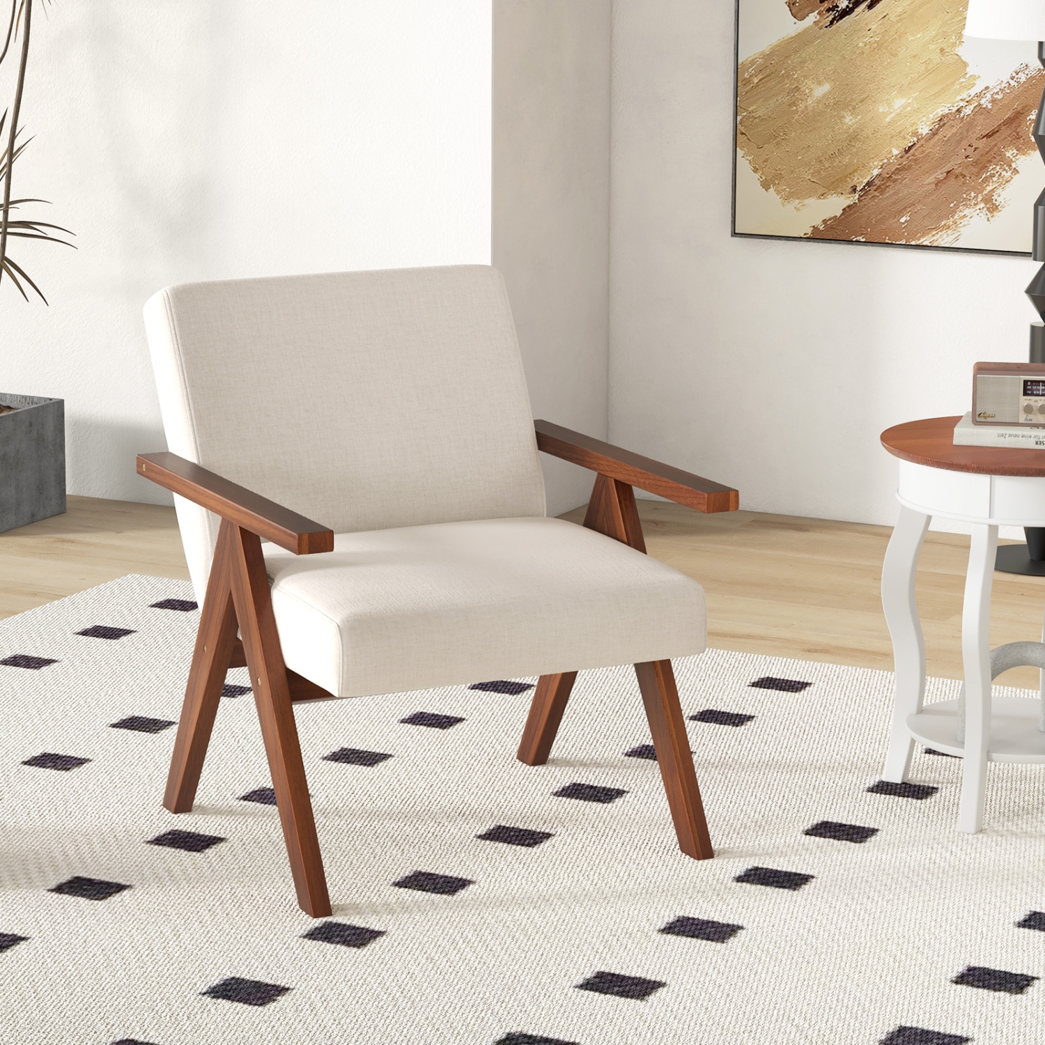 Costway 1 PCS Modern Accent Chair Linen Fabric Armchair with Solid Acacia Wood Frame