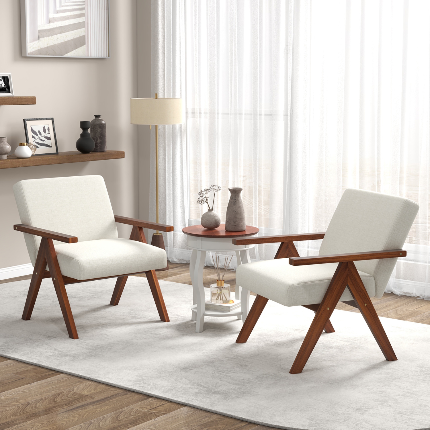 Fauteuil d'appoint moderne en lin avec cadre en bois d'acacia massif 2 PCS de Costway