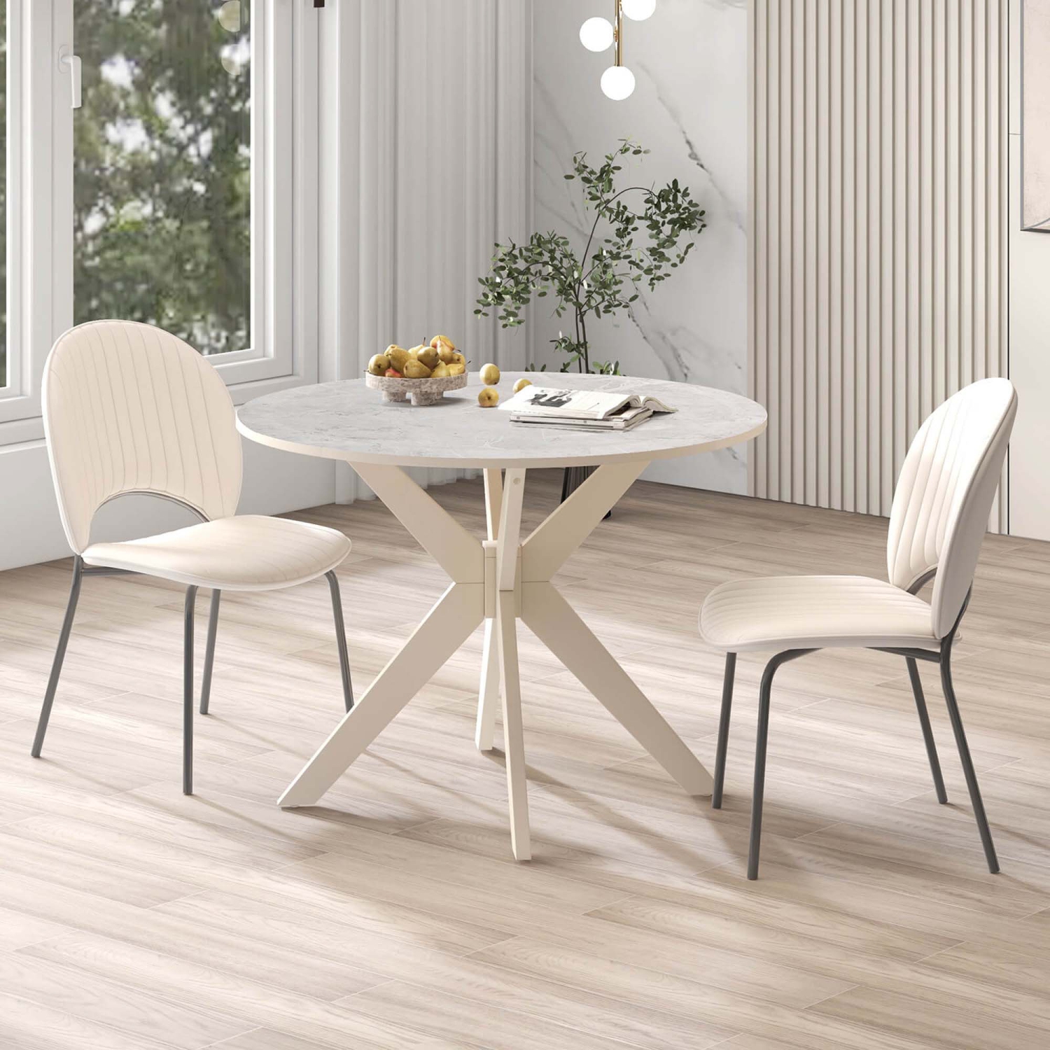 Costway Round Dining Table 36" Faux Marble Tabletop Rubber Wood Legs Kitchen