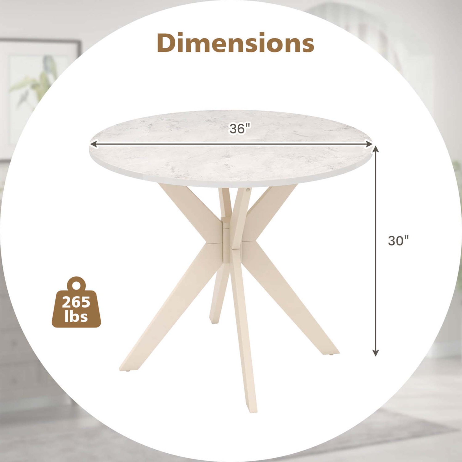 Costway Round Dining Table 36" Faux Marble Tabletop Rubber Wood Legs Kitchen