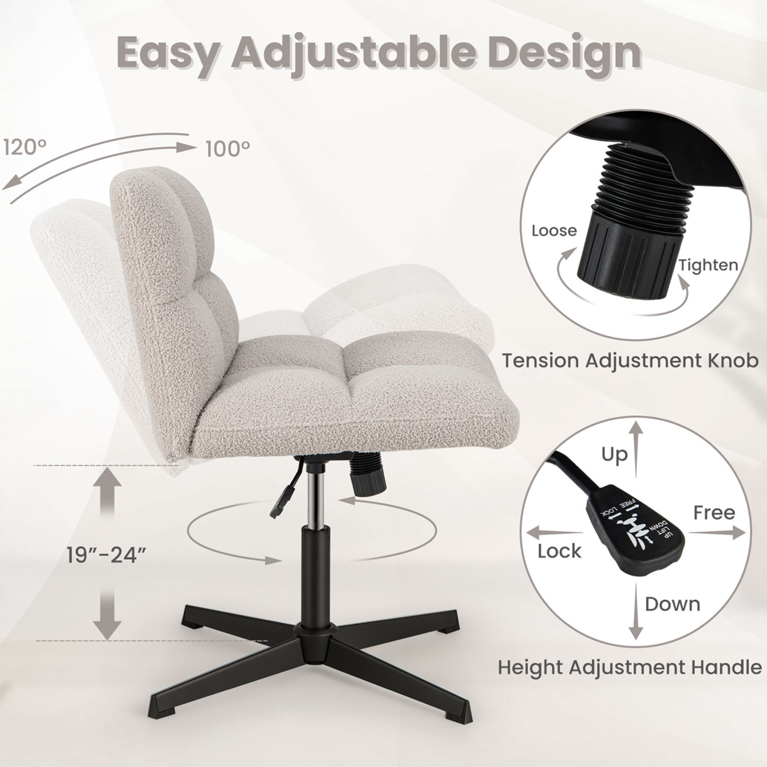 Costway Armless Office Desk Chair Modern Swivel Vanity Chair with Adjustable Height