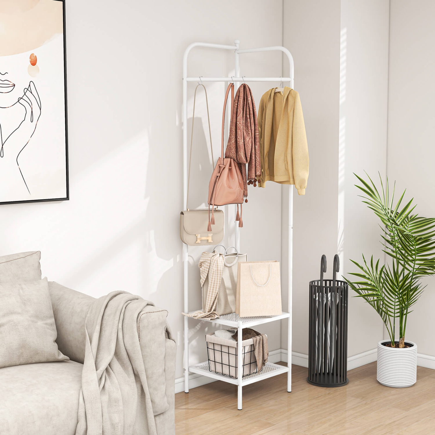 Costway Corner Coat Rack with Shelves Freestanding Hall Tree with Top Hanger